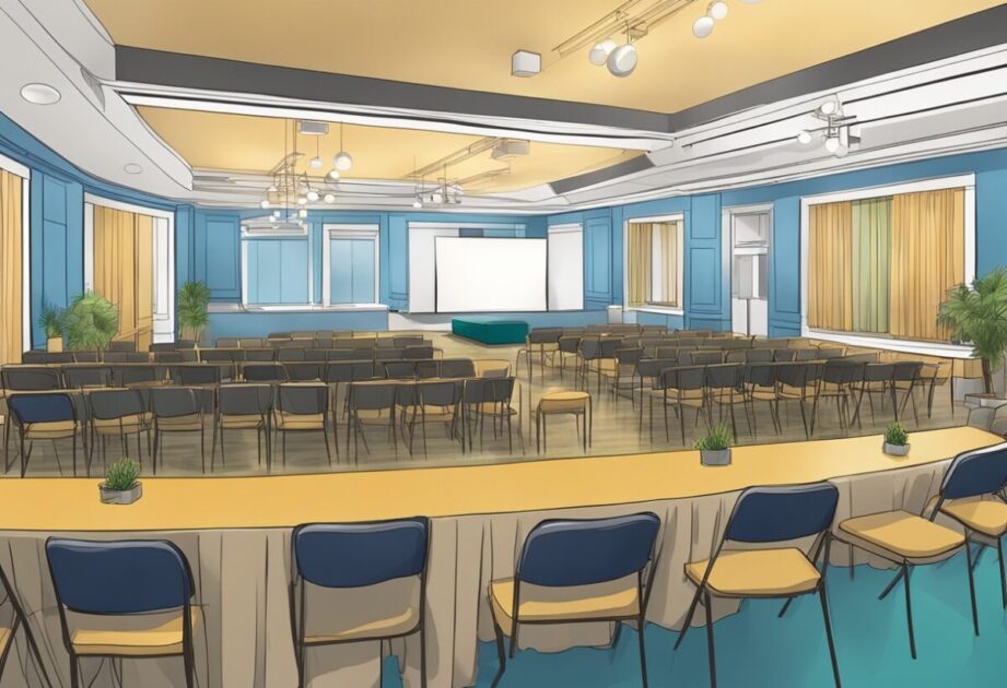 A bustling event venue with vibrant decor, spacious layout, modern amenities, and ample natural light. A stage is set for presentations, with comfortable seating and networking areas