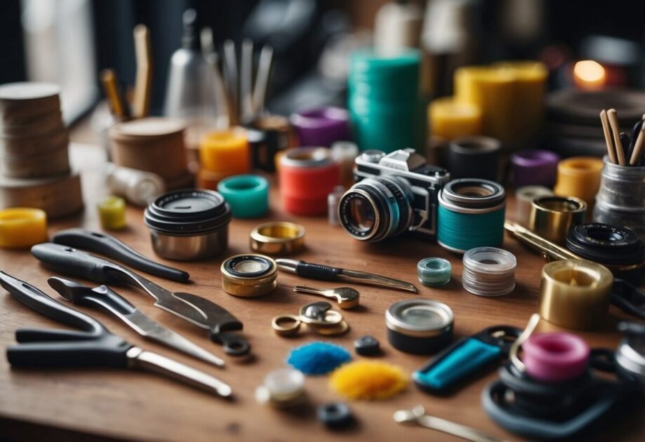 A colorful, budget-friendly DIY project display with various items like crafts, tools, and materials arranged creatively on a table or workspace