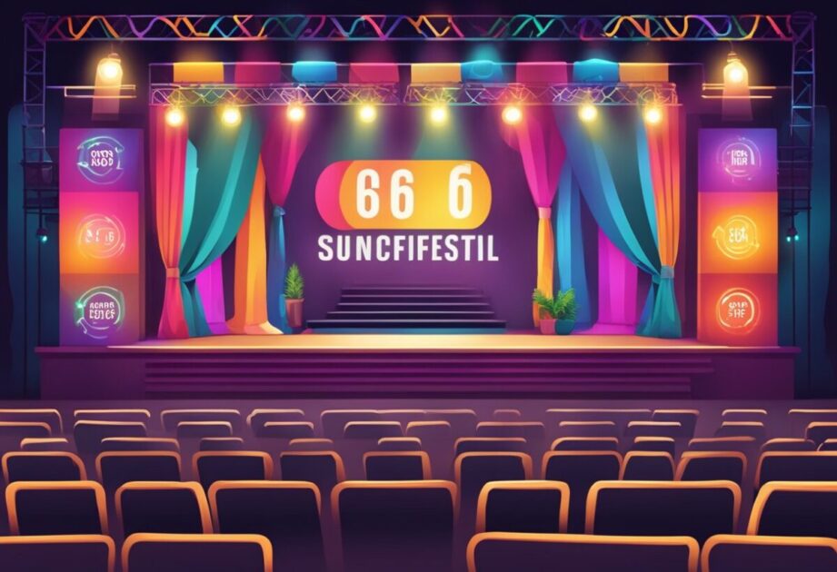 A vibrant stage with six glowing spotlights, a packed audience, and a banner reading "6 secrets for a successful event" in bold, colorful letters