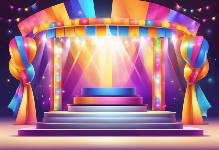 A stage with 6 colorful banners, a podium, and a large audience. Bright lights illuminate the space, creating a lively and energetic atmosphere