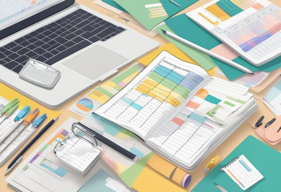 A table cluttered with event planning materials, including spreadsheets, budgeting software, and a calendar with key dates circled