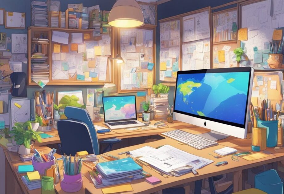 A colorful, open workspace with various art supplies scattered about. A lightbulb illuminates a desk cluttered with sketches, books, and a laptop. Post-it notes with ideas cover the walls