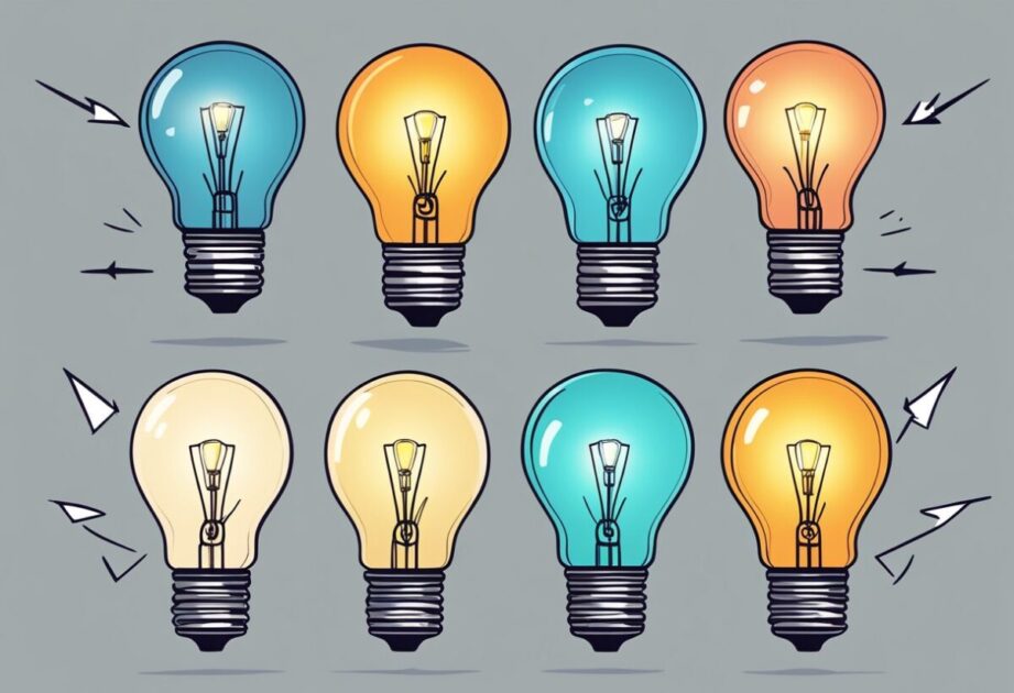 A bright lightbulb surrounded by four other lightbulbs, each representing a different business idea, with an arrow pointing towards them