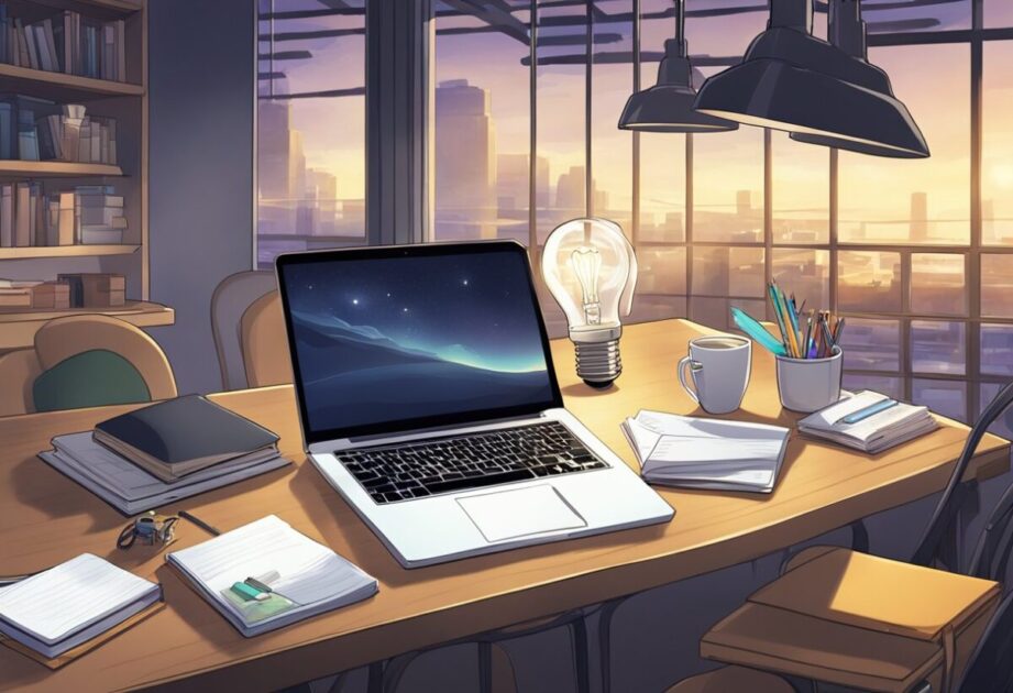 A table with a laptop, notebook, and pen. A lightbulb above, representing ideas. A "Marketing Strategies" book open. A "Start-up" sign