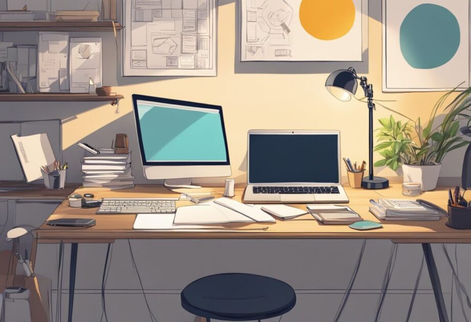 A cluttered desk with a laptop, notebook, and pen. A lightbulb overhead symbolizes innovation. Minimalist decor and natural light create a modern, inviting workspace