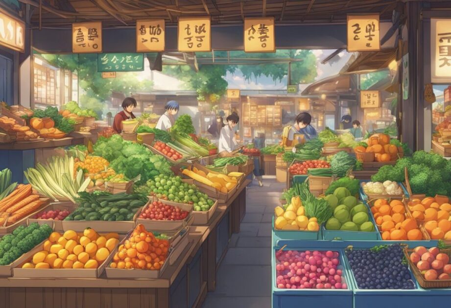 A colorful market stall displays healthy meal plans for sale. A variety of fresh fruits and vegetables are arranged in baskets, alongside recipe books and cooking utensils