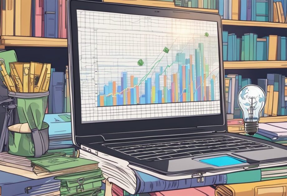 A laptop surrounded by books, a light bulb, and a money bag. A graph showing growth and success