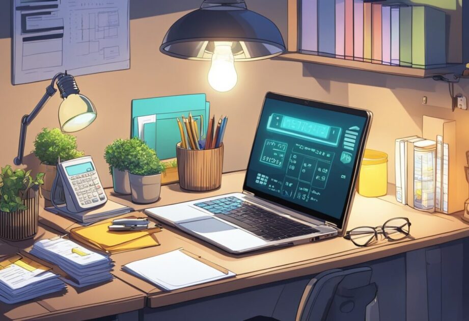 A desk with a laptop, calculator, and financial documents. A lightbulb symbolizing innovation. A small budget sign in the background