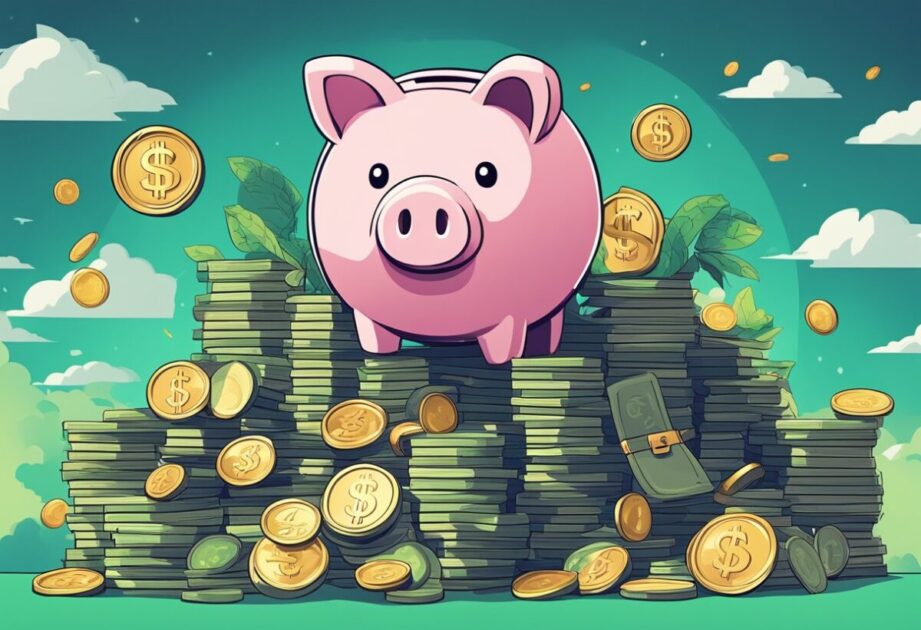 A stack of money grows taller as a graph climbs higher, while a piggy bank overflows with coins. A globe sits beside a pile of books on investing