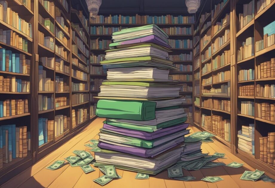 A stack of money bags surrounded by books titled "Frequently Asked Questions" and "8 Maneiras de Ficar Rico" in a library setting