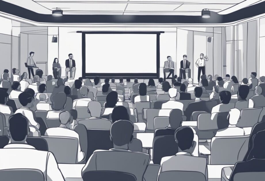 A crowded conference room with a stage and projector. A banner reads "Marketing e Vendas: Estratégias para o Sucesso." Audience members listen to a speaker on entrepreneurship