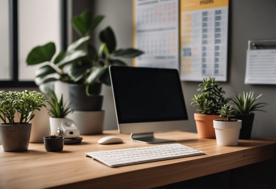 A desk with a computer, plant, and various office supplies. A wall calendar with "Gestão Eficaz de Recursos 12 ideias inovadoras para montar com pouco dinheiro" written on it