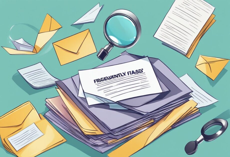 A stack of letters with "Frequently Asked Questions" written on them, surrounded by flying envelopes and a magnifying glass