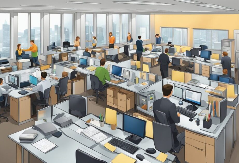 A bustling office with employees engaged in various tasks, while a prominent figure oversees the operations. The room exudes a sense of professionalism and determination