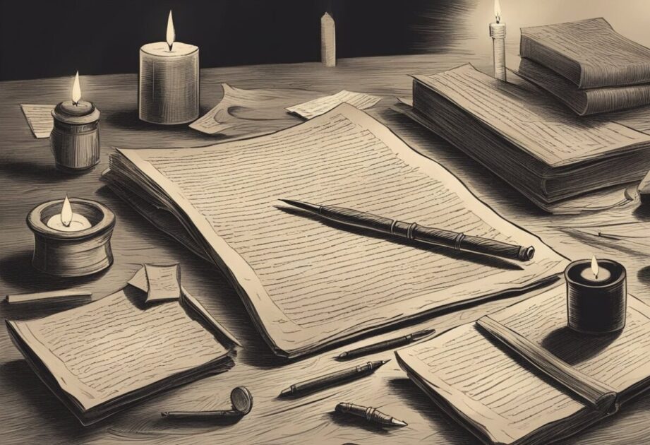 A table with old letters scattered, a quill pen, and a flickering candle. A sense of nostalgia and anticipation for the future