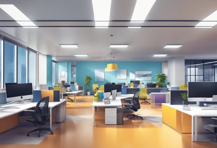 A modern office space with vibrant colors, open workstations, and collaborative areas. Innovative technology and creative design elements are prominent throughout the space