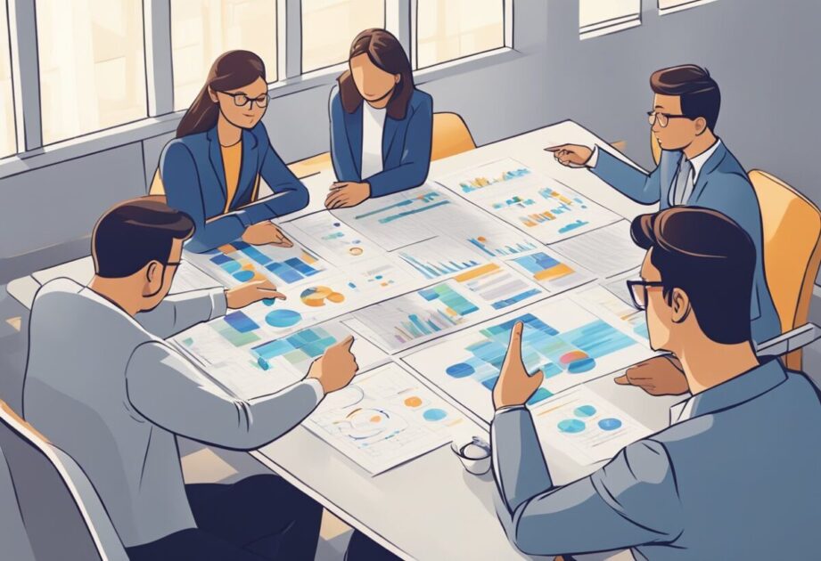 A strategic planning meeting with a business model canvas on a table, surrounded by charts and graphs. A person is pointing at the canvas, discussing the best investment with limited funds