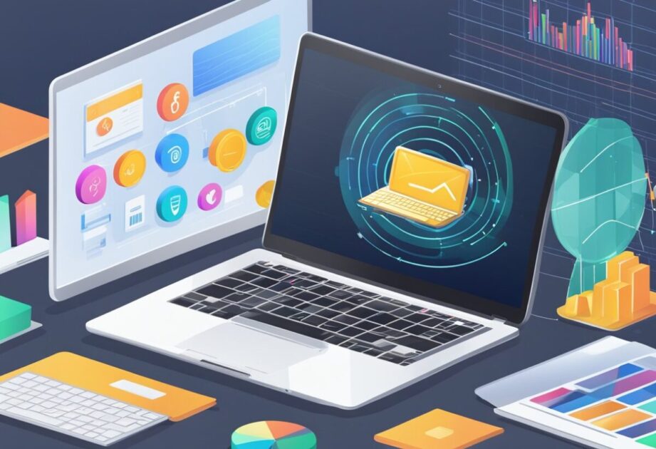 A laptop open on a desk with a graph showing an upward trend, surrounded by e-commerce and online sales icons