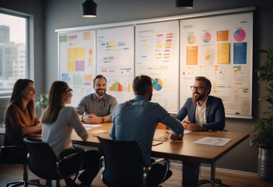 A small, budget-friendly marketing team brainstorming in a cozy office, surrounded by colorful charts and creative ideas on a whiteboard