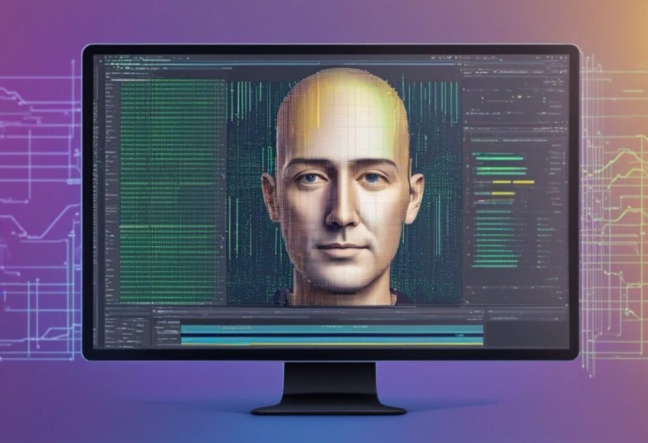 A computer generating a realistic deepfake video, with code and algorithms displayed on the screen