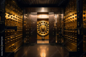 Bank vault door. Safe deposit boxes room in bank vault. Inside in Bank vault room with Dollars and euro money. Store Gold in storage. Federal Reserve Bank, Ai Generative illustration.