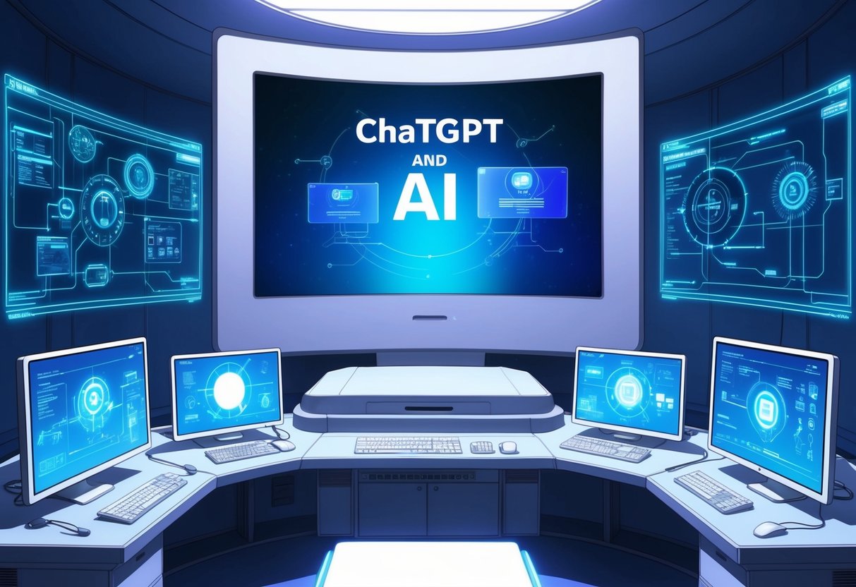 Uma sala futurista com uma grande tela de computador exibindo o ChatGPT e conceitos de IA. Vários dispositivos tecnológicos e diagramas cercam a tela, indicando inovação e criatividade.