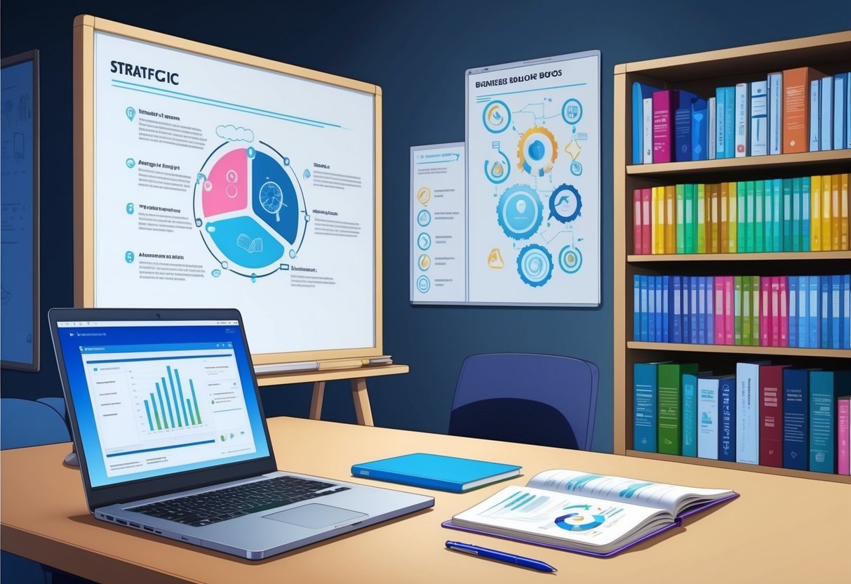 Uma mesa com um laptop, caderno e caneta. Um quadro branco com diagramas e gráficos estratégicos. Uma estante cheia de livros sobre negócios e inovação.