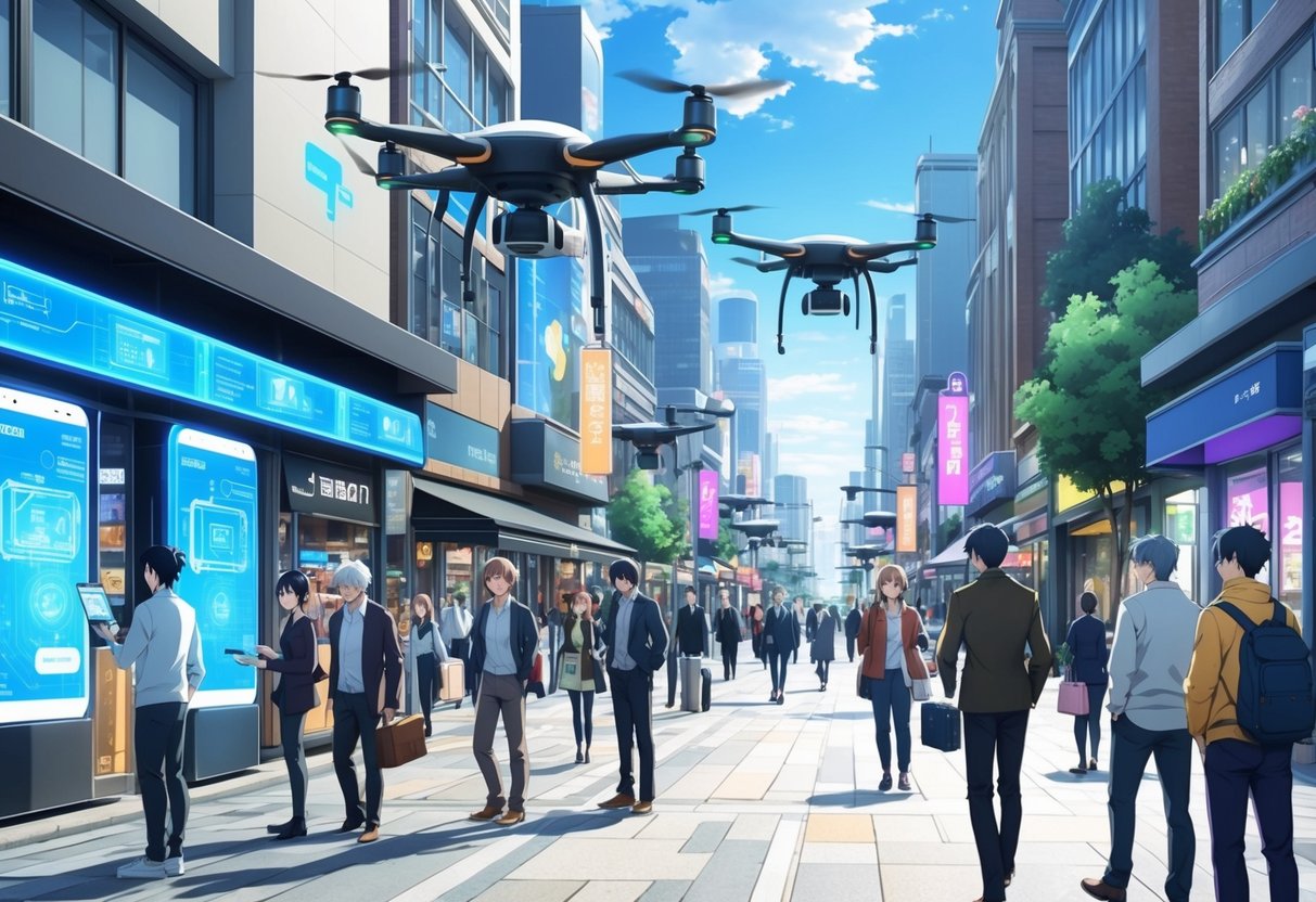 Uma rua movimentada da cidade em 2025, com tecnologia de comércio móvel futurista integrada à vida cotidiana. As pessoas interagem com displays holográficos e drones entregam pacotes sobrevoando.