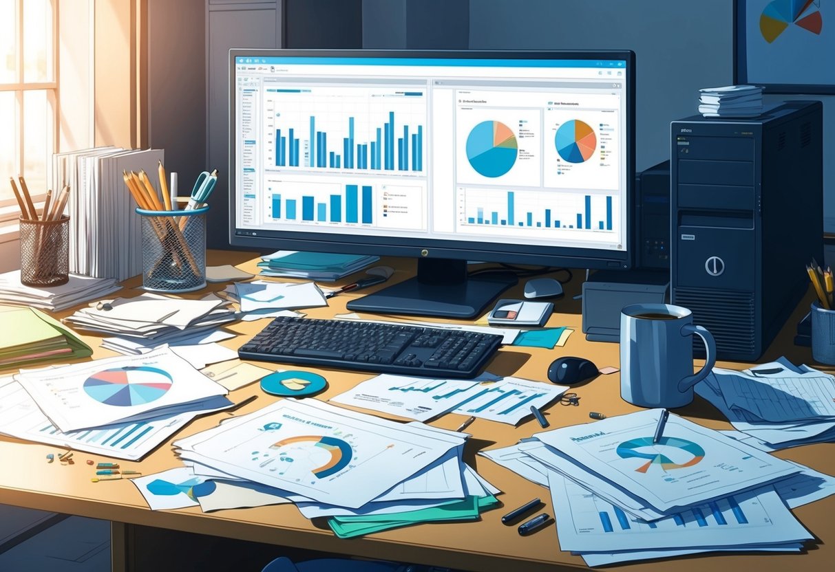Uma mesa bagunçada com papéis espalhados, gráficos e tabelas. Uma tela de computador exibindo análise de dados. Vários materiais de escritório e uma caneca de café.