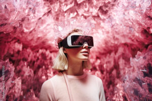 Woman wearing a virtual reality headset in dreamy crystal world.  Generative AI