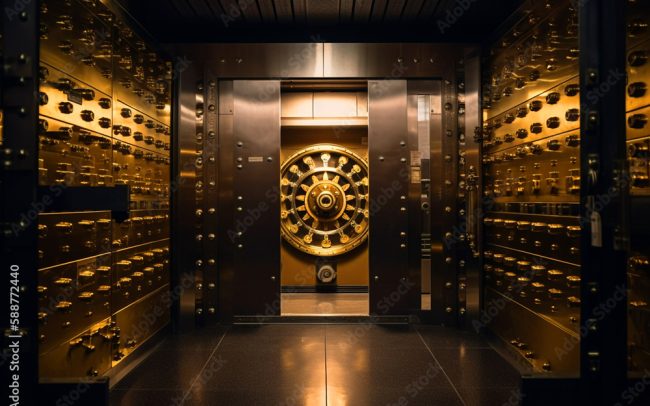 Bank vault door. Safe deposit boxes room in bank vault. Inside in Bank vault room with Dollars and euro money. Store Gold in storage. Federal Reserve Bank, Ai Generative illustration.