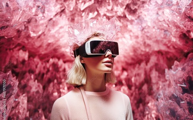 Woman wearing a virtual reality headset in dreamy crystal world.  Generative AI